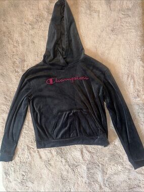Champion Black Hoodie with Pink Script Logo